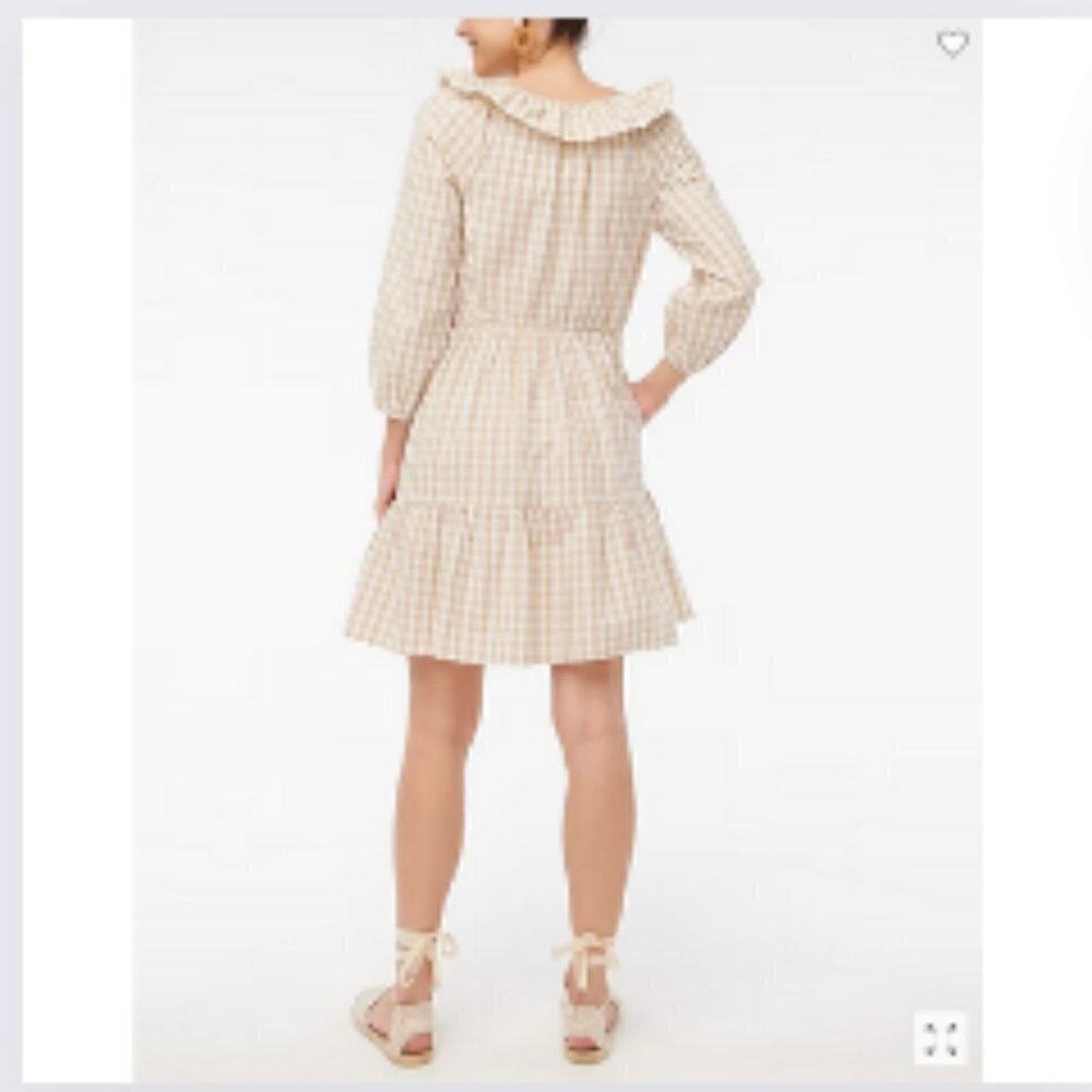 J. Crew Gingham Ruffleneck Mini dress, Light Khaki, Cottagecore, Tan White - Picture 5 of 5